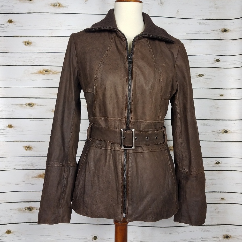 Marc New York Brown Leather Jacket Knit Collar